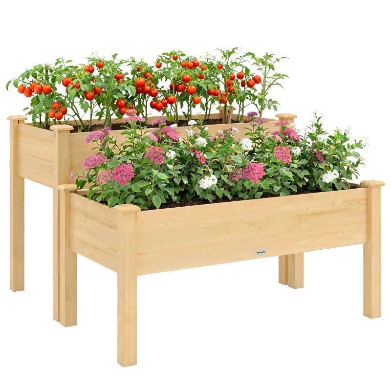 Outsunny 2 Tiers Wood Plant Raised Bed Flower Vegetable Herb Grow Box Stand Garden  Step Planter Stand Free Combination Natural