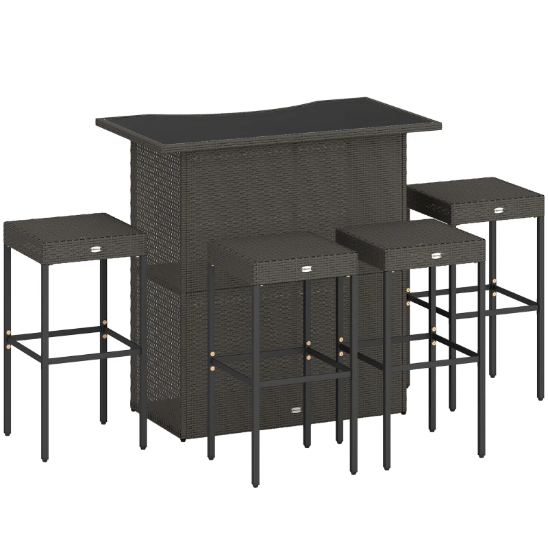 Outsunny 5 Piece Rattan Wicker Bar Set, High Top Outdoor Table and Chairs, Bar Height Patio Set, 2 Shelves & 4 Bar Stools, Brown