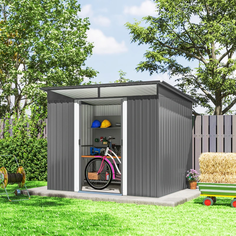 Outsunny 9' x 6.5' Outdoor Metal Garden Shed Utility Tool Storage Steel Backyard Storage House, Light Grey
