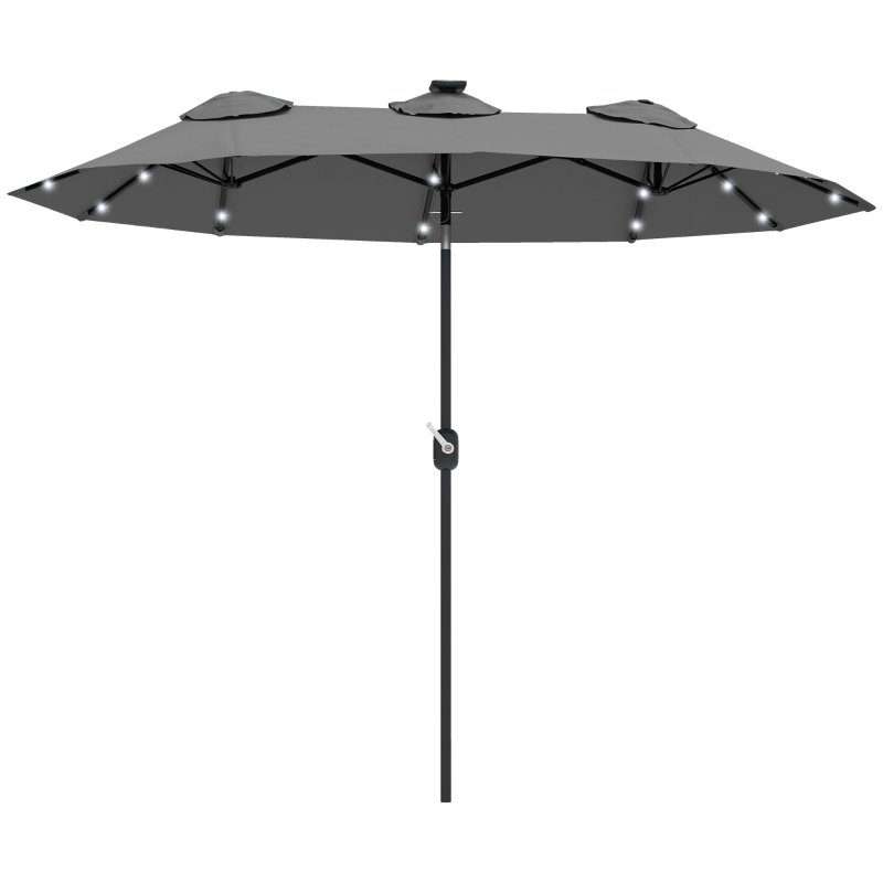 Outsunny Double-sided Patio Umbrella, 9.7' Outdoor Umbrella with Tilt and Crank, LED Solar Light and 12 Ribs, Gray