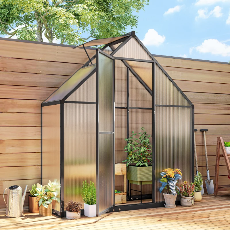 Outsunny Polycarbonate Greenhouse Walk-in Greenhouse with Swing Door and Adjustable Window, 5.5 x 2ft, Black