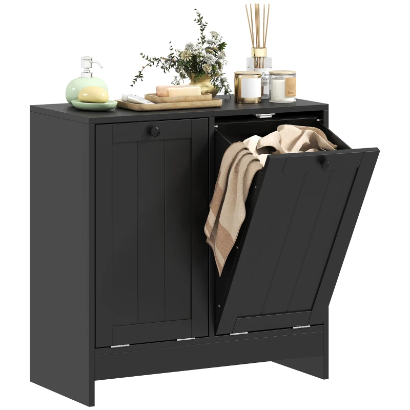 kleankin Tilt-Out Laundry Storage Cabinet, Modern Laundry Hamper with 2 Compartments for Bathroom Washroom, Black
