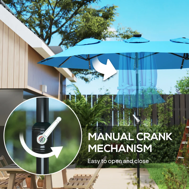 Outsunny Double-sided Patio Umbrella, 9.7' Outdoor Umbrella with Tilt and Crank, LED Solar Light and 12 Ribs, Light Blue
