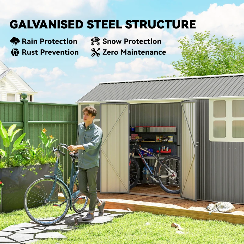 Outsunny 12' x 5.5' Metal Garden Storage Shed, Outdoor Tool Storage House with Lockable Door, Vents, Sloped Roof, Light Grey