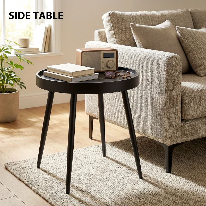 Outsunny 19.5" Round Patio Table, Small Outdoor Patio Coffee Side End Table with Plastic Tray-Style Top, Metal Legs, Black