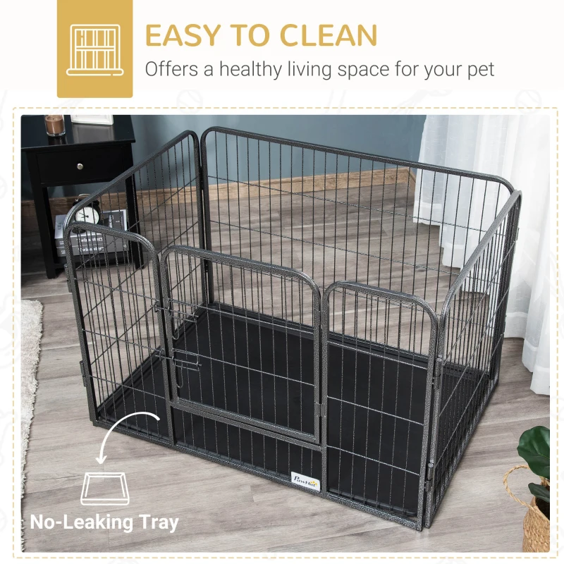 PawHut 4 Panels Dog Playpen, Heavy Duty Dog Fence, 28" H Portable Pet Playpen with Door Double Locking Latches, Tray, Grey