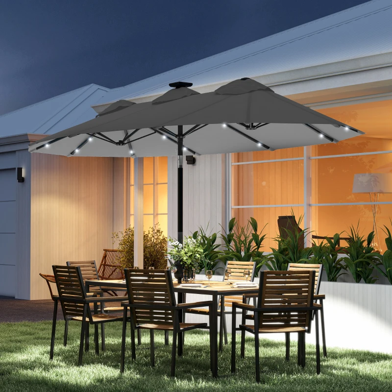 Outsunny Double-sided Patio Umbrella, 9.7' Outdoor Umbrella with Tilt and Crank, LED Solar Light and 12 Ribs, Gray