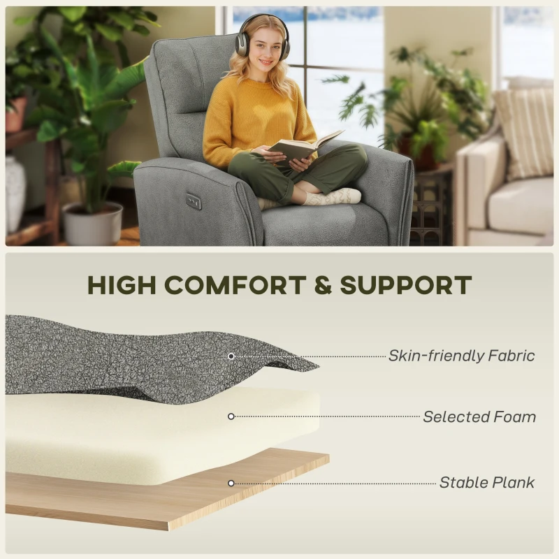 HOMCOM Power Recliner Chair, Fabric Upholstered Recliner Chair with USB Ports, Footrest, Grey