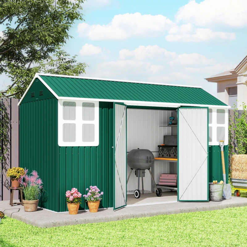 Outsunny 12' x 5.5' Metal Garden Storage Shed, Outdoor Tool Storage House with Lockable Door, Vents, Sloped Roof, Green