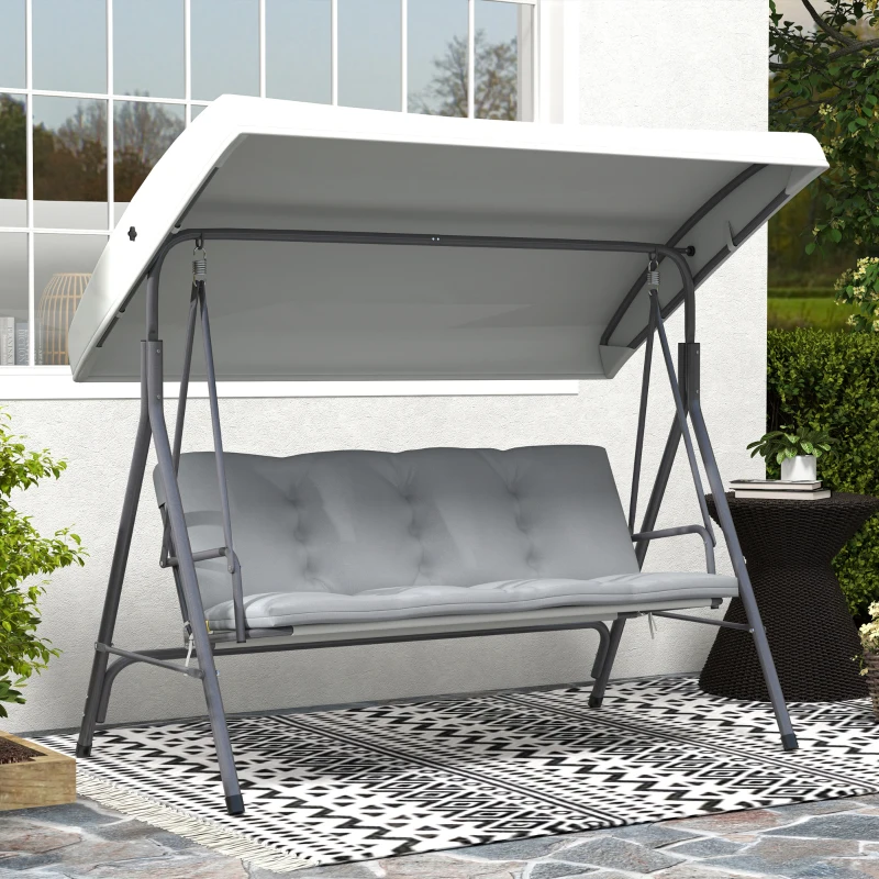 Outsunny 3-Seat Patio Swing Chair, Outdoor Porch Swing Glider with Adjustable Canopy, Light Grey