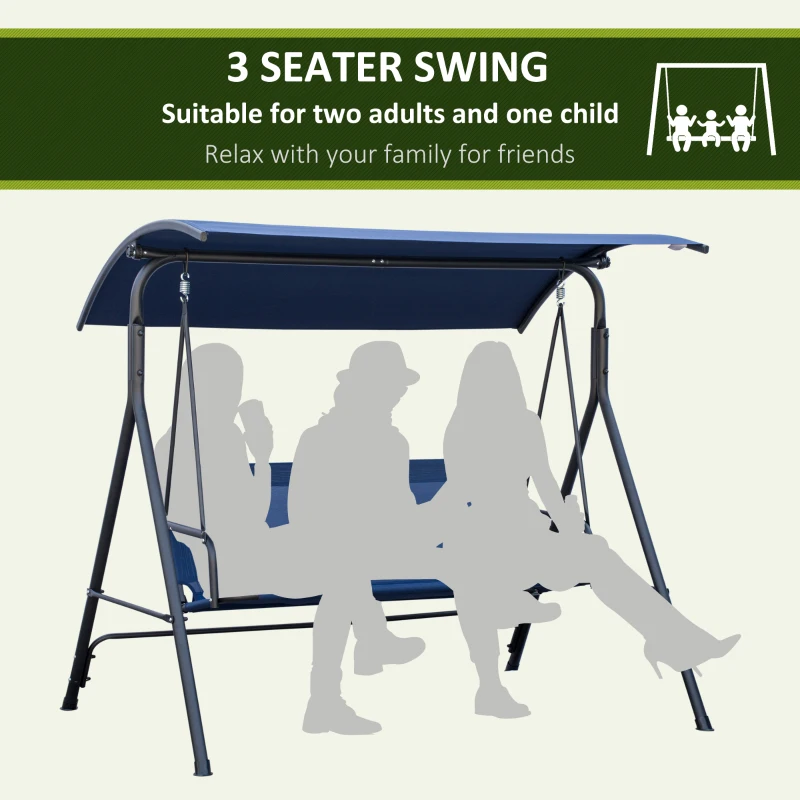 Outsunny 3-Seater Outdoor Porch Swing with Adjustable Canopy, Patio Swing Chair for Garden, Poolside, Backyard, Dark Blue