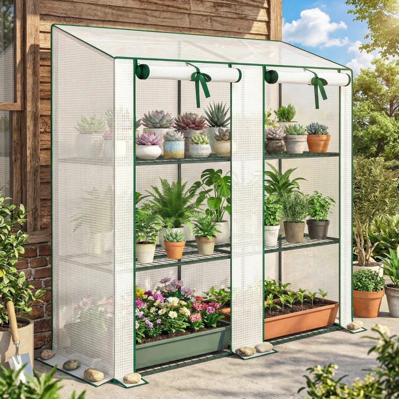 Outsunny Portable Mini Greenhouse Green House with 3 Tier Shelves, Reinforced PE Cover, Roll-up Doors, 56.3"x18.1"x59.4", White
