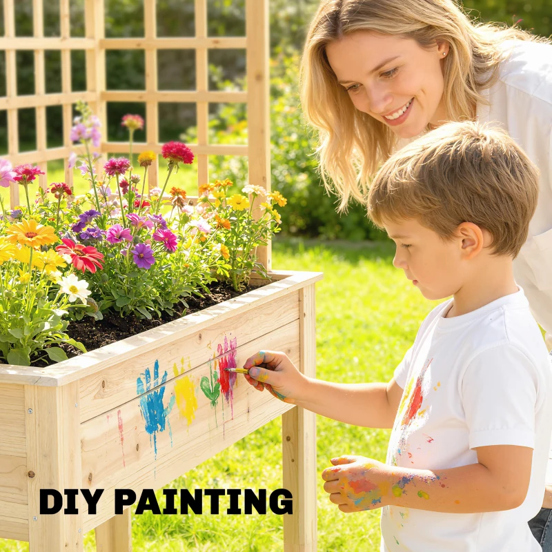 Outsunny Wooden Raised Garden Bed with 3 Trellises, Outdoor Raised Planter with Drainage Holes