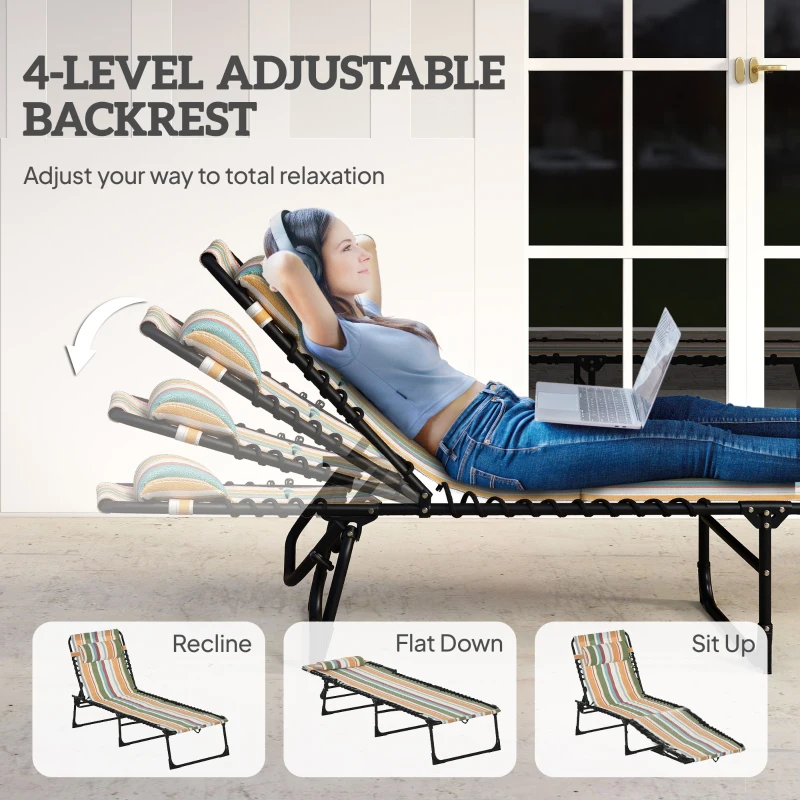 Outsunny Outdoor Folding Lounge Chair, 4-Level Adjustable Chaise Lounge with Headrest, Tanning Chair Beach Bed, Reclining Lounger Cot for Camping, Hiking, Backyard, Multicoloured