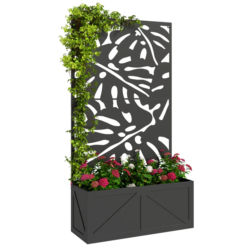 Outsunny Metal Raised Garden Bed with Trellis for Climbing Plants, Freestanding or Wall Mounted Flower Bed with Privacy Panel