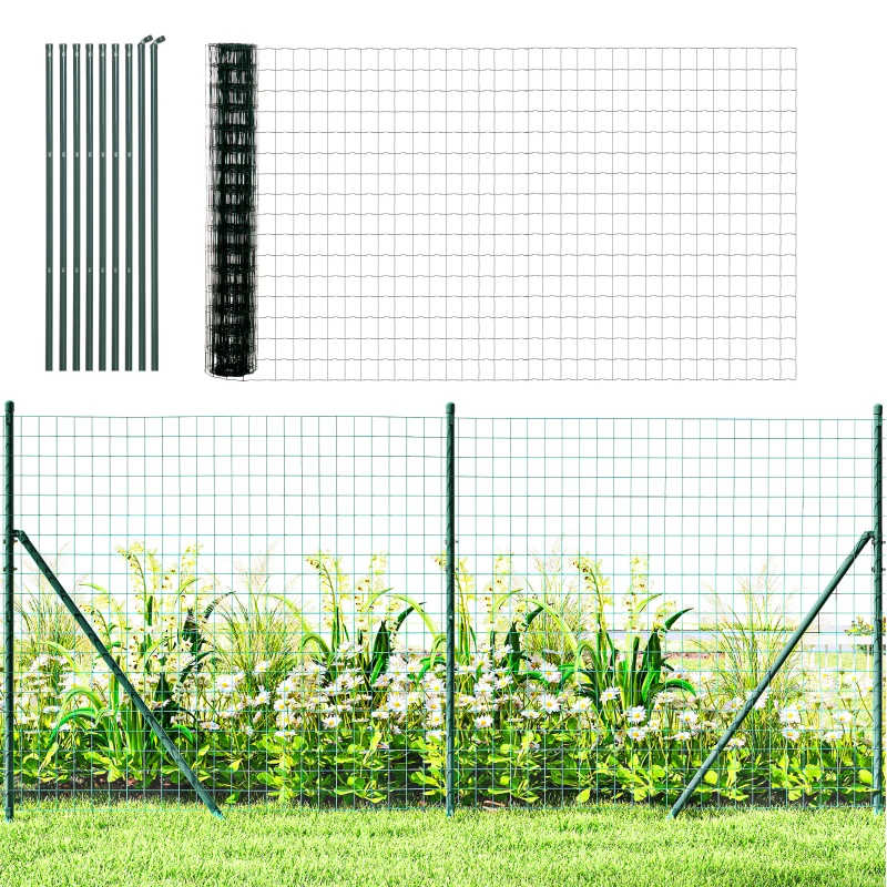 Outsunny Garden Fence Barrier, Welded Fence Roll, Includes Posts & Support Braces, Green Plastic-Coated Steel