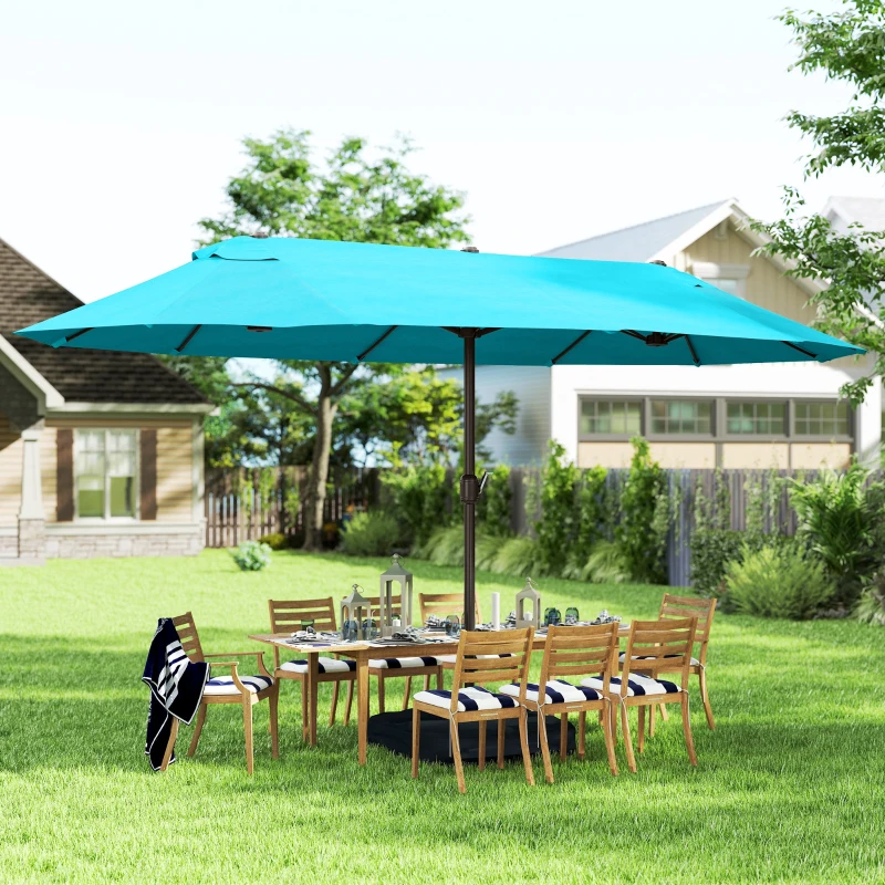 Outsunny 15' Outdoor Patio Umbrella with Twin Canopy Sunshade Steel Table Umbrella w/ Lift Crank, Cross base, Sandbag, Light Blue