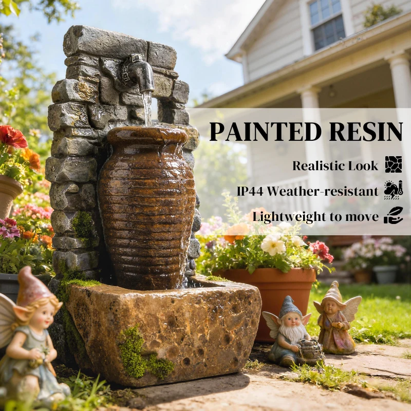 Outsunny Outdoor Water Fountain Adjustable Water Flow Garden Fountain with LED Lights Rustic Urn Design