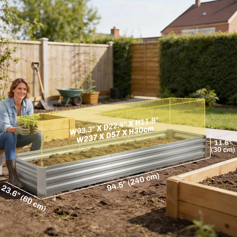 Outsunny 8'x2'x1' Galvanized Raised Bed, Large Elevated Planter Box for Growing Flowers, Herbs and Vegetables, Silver