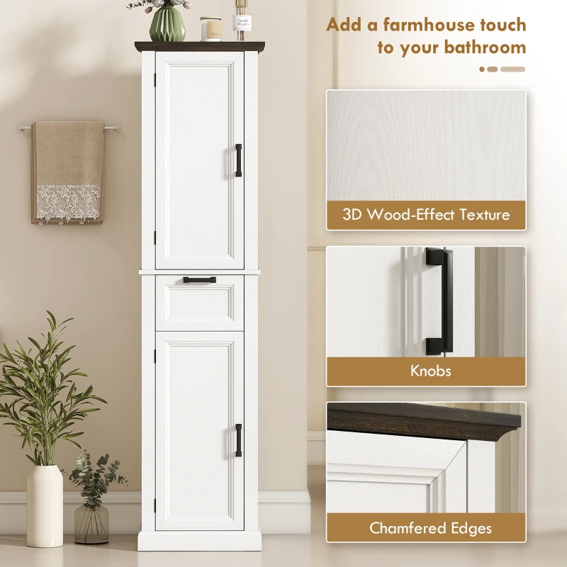 HOMCOM 65" Tall Bathroom Storage Cabinet, Freestanding Farmhouse Slim Bathroom Cabinet with 2 Doors, Shelves and Drawer, White