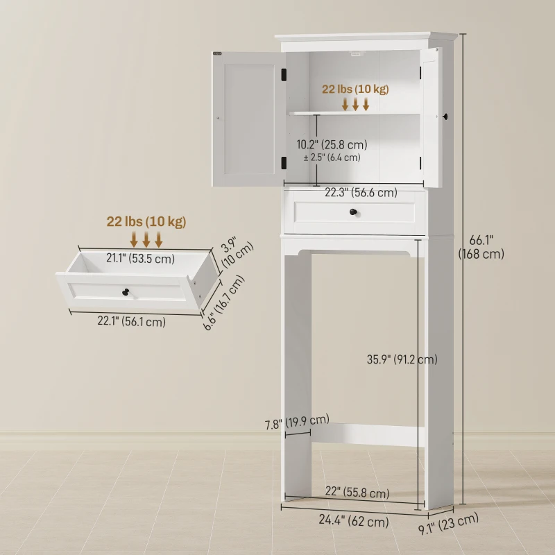 HOMCOM Over The Toilet Storage, Modern Bathroom Cabinet Over Toilet with Drawer, Cabinet and Adjustable Shelf, White