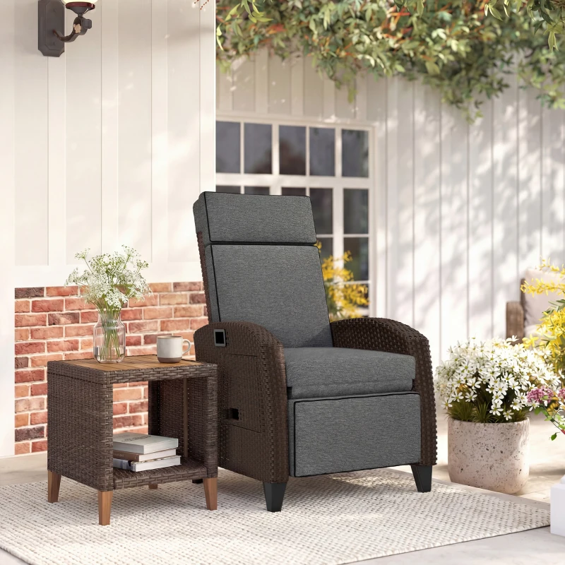 Outsunny Outdoor Recliner Chair with Adjustable Backrest, Cushion, Side Tray, Dark Grey