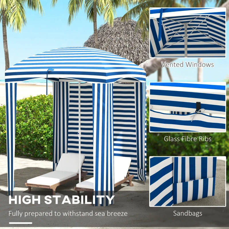 Outsunny 70.1" L x 70.1" W Cabana Umbrella with Walls, Vents, Ruffles, Carry Bag, Beach Umbrella, Blue White Stripe