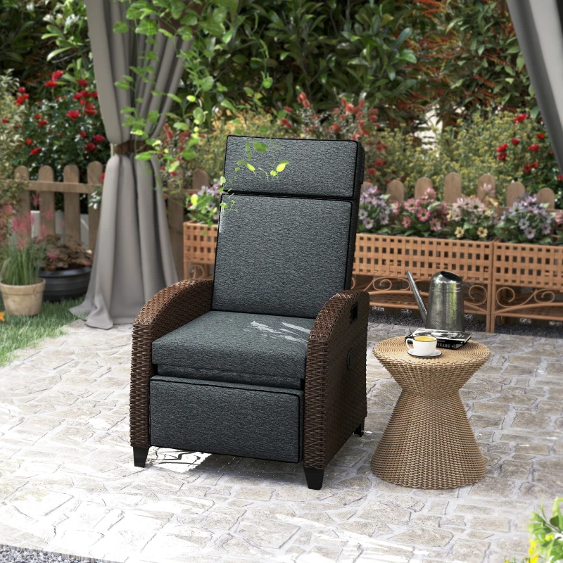 Outsunny Outdoor Recliner Chair with Adjustable Backrest, Cushion, Side Tray, Dark Grey