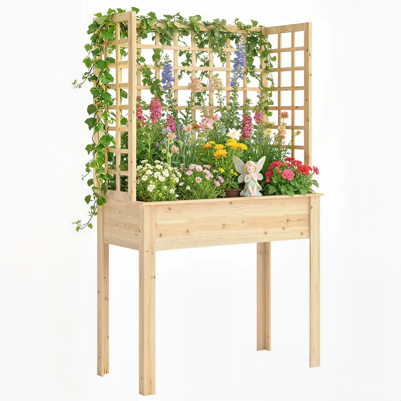 Outsunny Wooden Raised Garden Bed with 3 Trellises, Outdoor Raised Planter with Drainage Holes