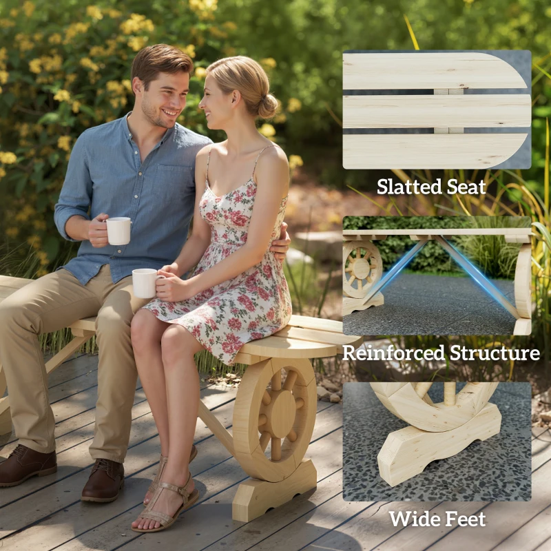 Outsunny 2-Person Outdoor Bench, Wood Garden Bench with Wagon Wheel Legs, Slatted Seat for Patio, Park, Backyard, Natural Wood