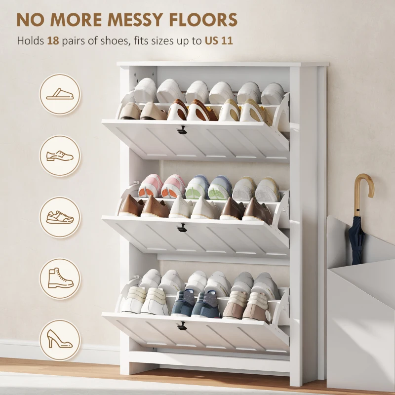 HOMCOM Slim Shoe Cabinet with 3 Flip Drawers, Shoe Storage Cabinet with Adjustable Shelves for Entryway, Holds 18 Pairs, White
