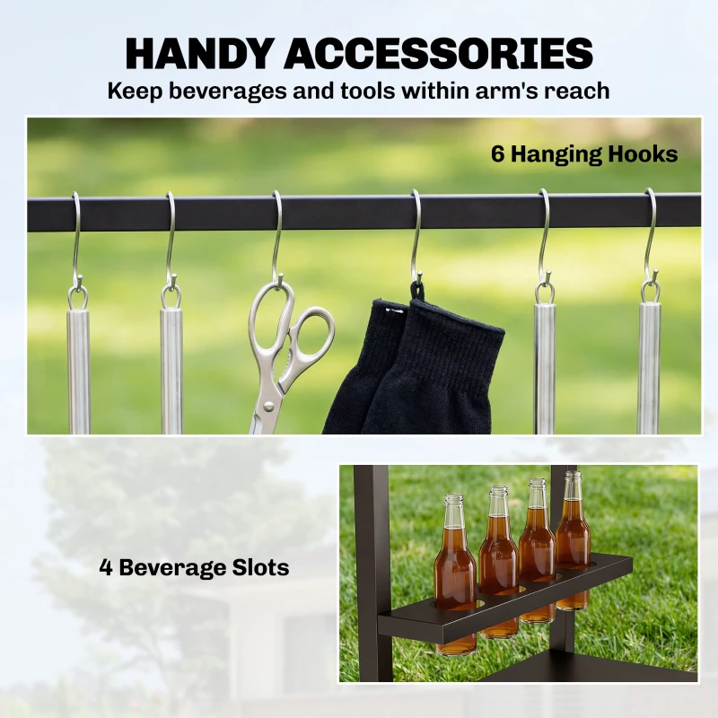 Outsunny Outdoor Grill Cart, 2-Tier Pizza Oven Stand, BBQ Stand with Beverage Holder, Hooks, Wheels, Black and Brown