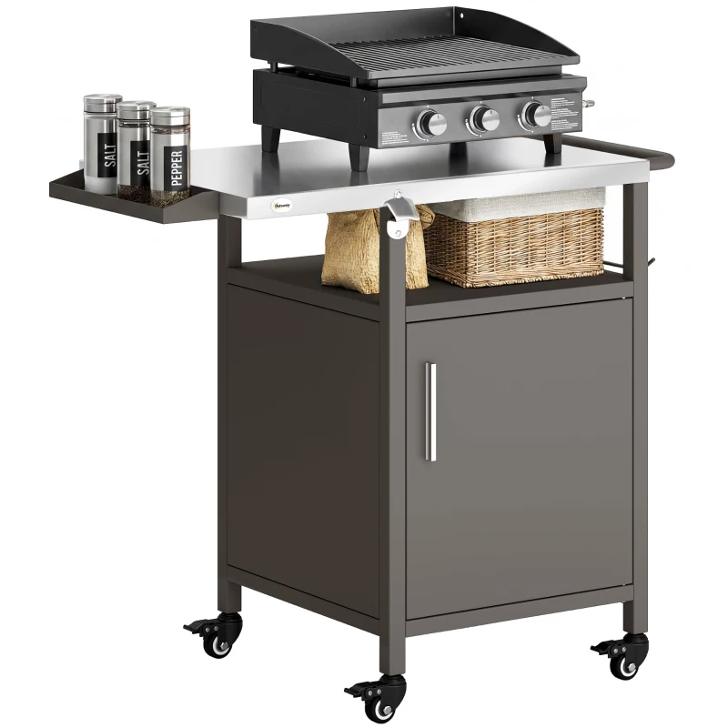Outsunny Outdoor Grill Cart with Steel top, Pizza Oven Stand with Cabinet, Spice Rack, Towel Holder, Bottle Opener, Brown