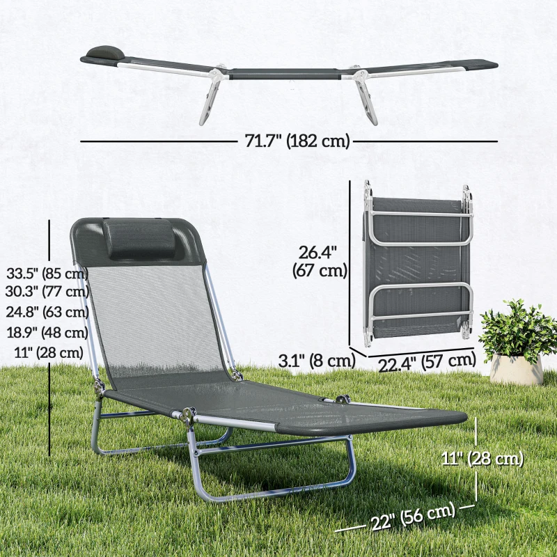 Outsunny Folding Lounge Chair, Portable Tanning Chair with Adjustable Backrest, Pillow for Beach Poolside Patio, Dark Grey