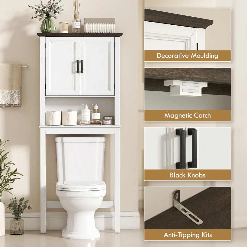 HOMCOM Over The Toilet Storage, Bathroom Cabinet Over Toilet with Open Shelf and Adjustable Bottom Bar, White