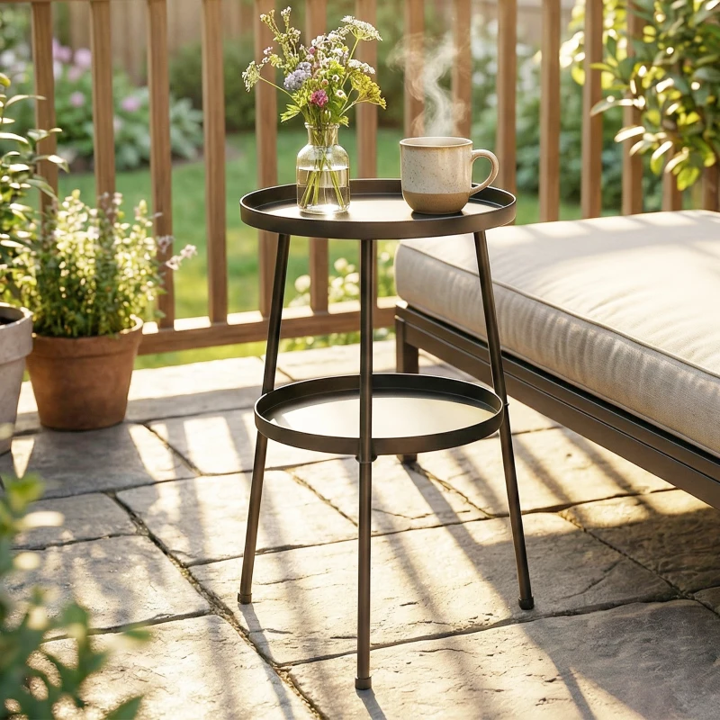 Outsunny Metal Patio Side Table, 2-Tier Round End Table, for Living Room, Bedroom, Garden, Balcony, Black