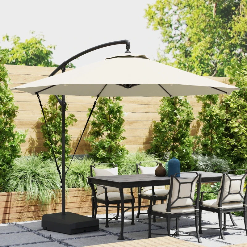 Outsunny 10FT Cantilever Umbrella with Fillable Base, Wind Strap and Cover, Offset Hanging Umbrella with Crank, Cream White