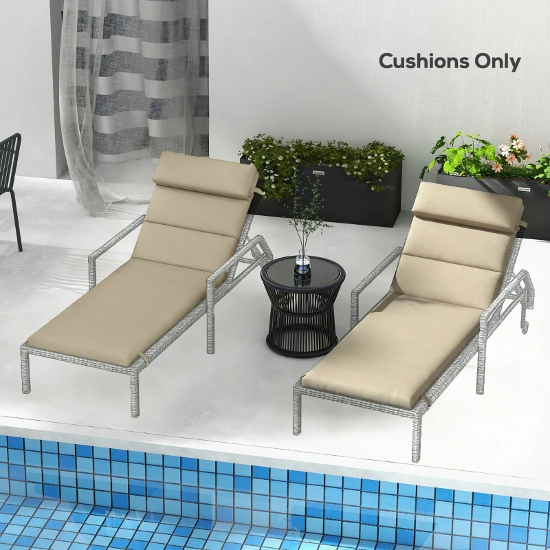 Outsunny Patio Chaise Lounge Chair Cushions Replacement Sun Lounger Pads with Headrest and Ties, Set of 2, Beige