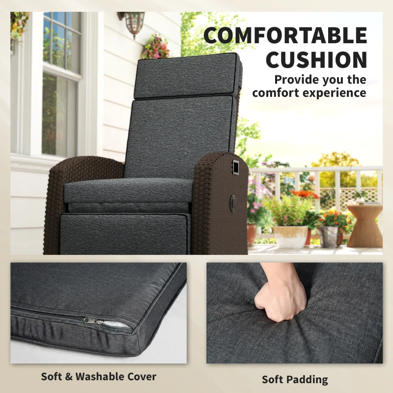 Outsunny Outdoor Recliner Chair with Adjustable Backrest, Cushion, Side Tray, Dark Grey