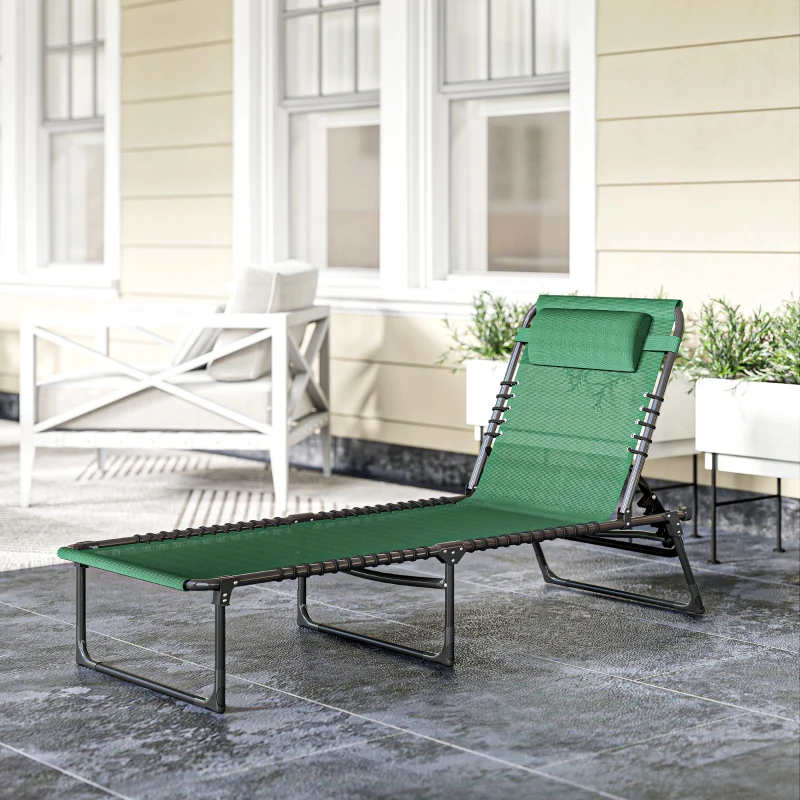 Outsunny Folding Lounge Chair, Adjustable Chaise Lounge with Headrest, Reclining Lounger Cot for Camping, Hiking, Green