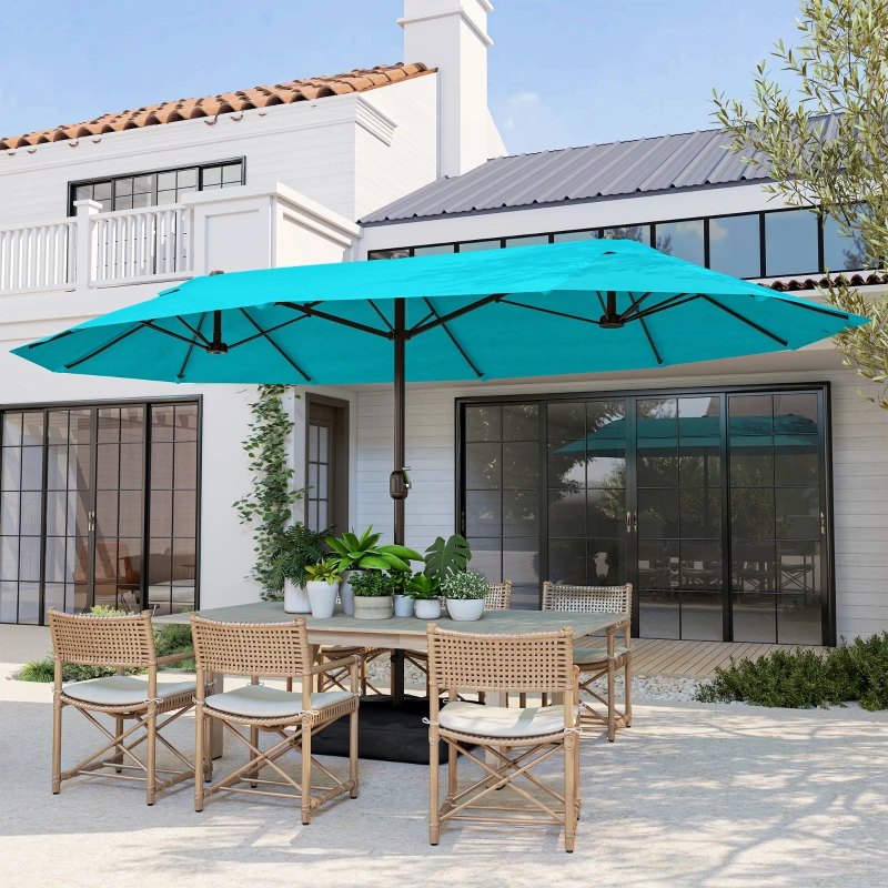 Outsunny 15' Outdoor Patio Umbrella with Twin Canopy Sunshade Steel Table Umbrella w/ Lift Crank, Cross base, Sandbag, Light Blue