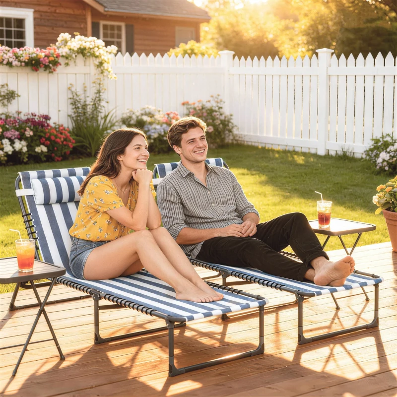 Outsunny 2 Folding Chaise Lounge Pool Chairs with 4-Position Reclining Back, Pillow, Breathable Mesh & Bungee Seat, Blue White