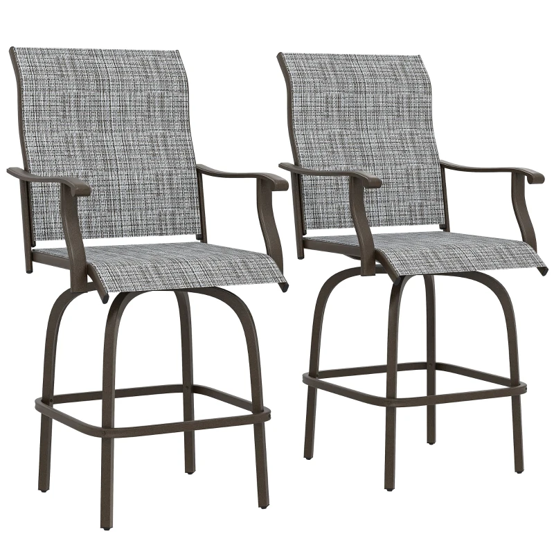 Outsunny Outdoor Bar Stools Set of 2, Swivel Bar Height Chairs with High Back, Curved Armrests and Steel Frame, Mixed Grey