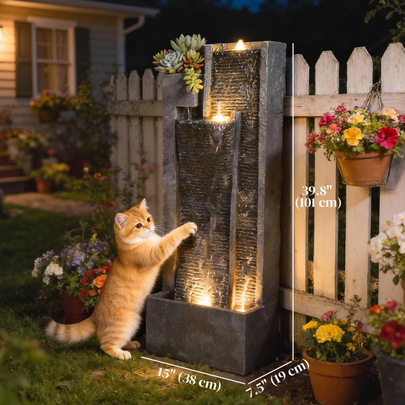 Outsunny Outdoor Water Fountain with LED Lights and Planter, 3-Tier Modern Cascading Waterfall Feature with Pump, Dark Grey