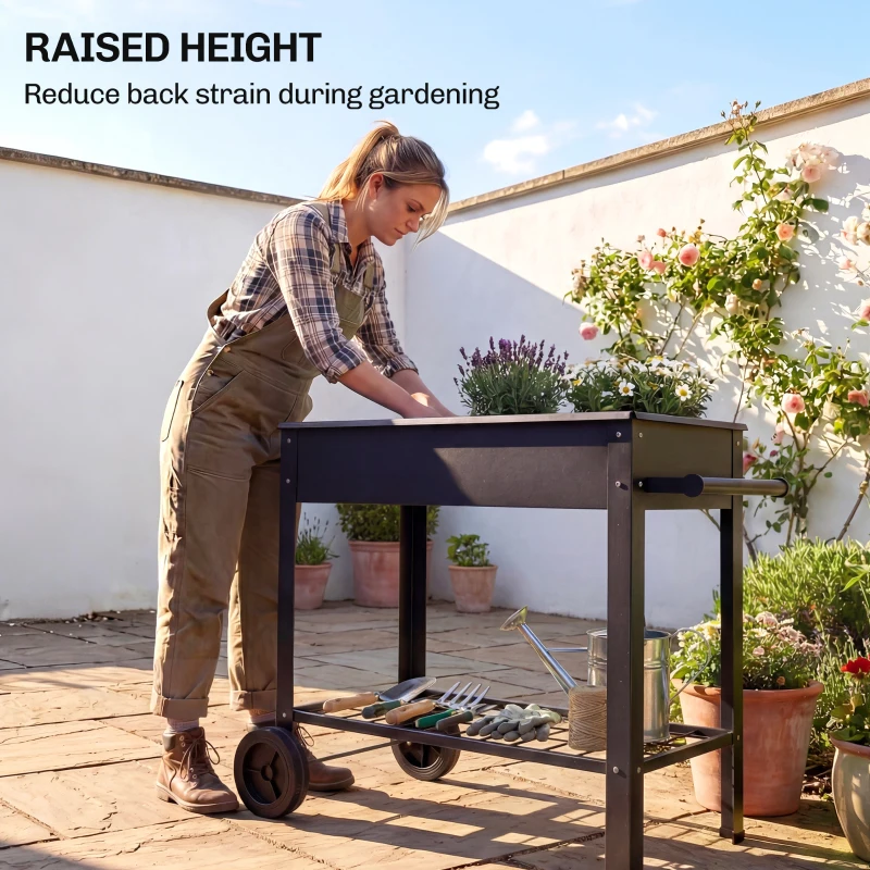 Outsunny Metal Raised Garden Bed, Elevated Planter Box with 2 Wheels, Handle and Shelf, 31.5" Tall Raised Planter
