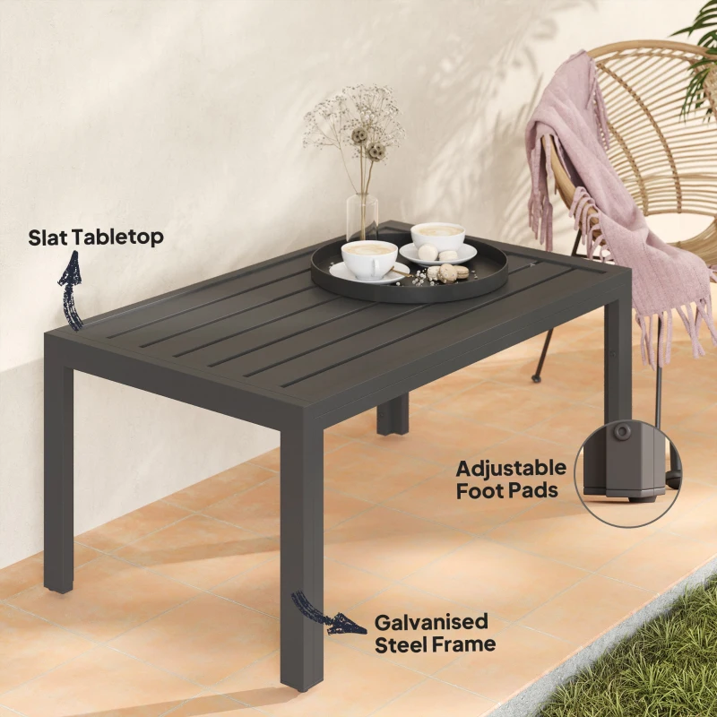 Outsunny Outdoor Coffee Table, Rectangular Patio Table with Steel Frame and Slat Tabletop for Garden, Balcony, Grey