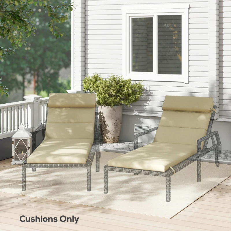 Outsunny Patio Chaise Lounge Chair Cushions Replacement Sun Lounger Pads with Headrest and Ties, Set of 2, Beige