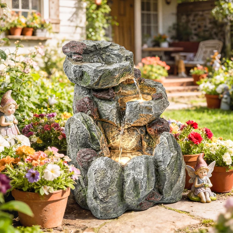 Outsunny Outdoor Fountain with LED Lights Adjustable Flow Cascading Waterfall 3-Tier Rustic Rock Look Grey