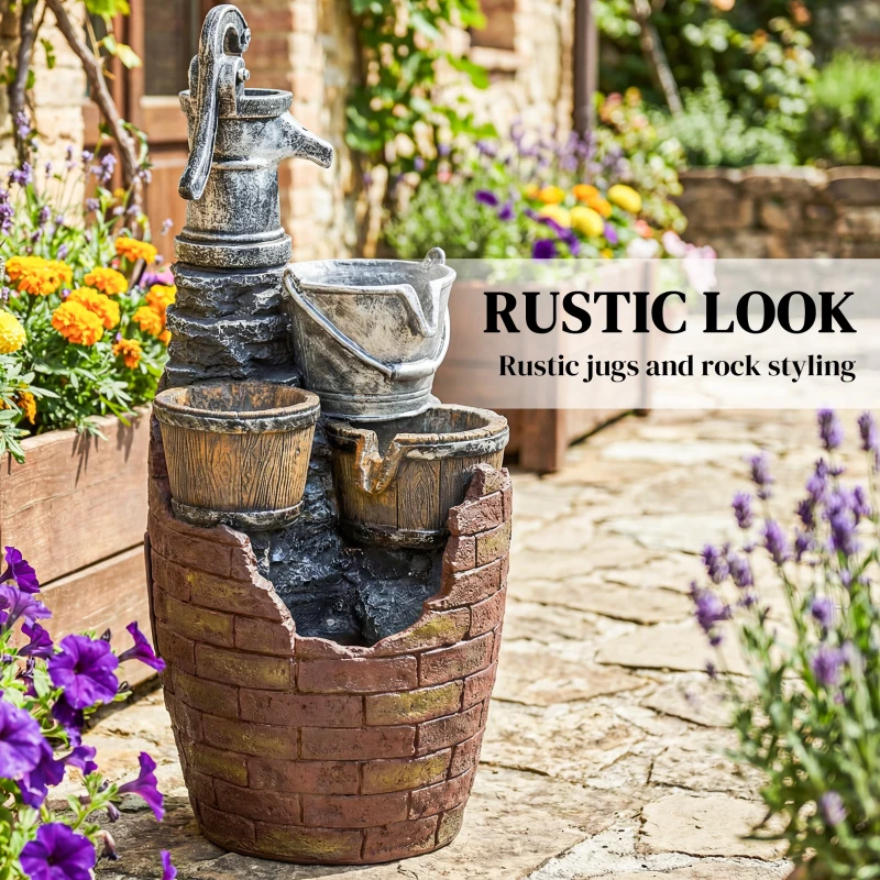 Outsunny 4-Tier Outdoor Fountain with Planter, Cascading Waterfall Feature with LED Lights, Rustic Brown and Grey