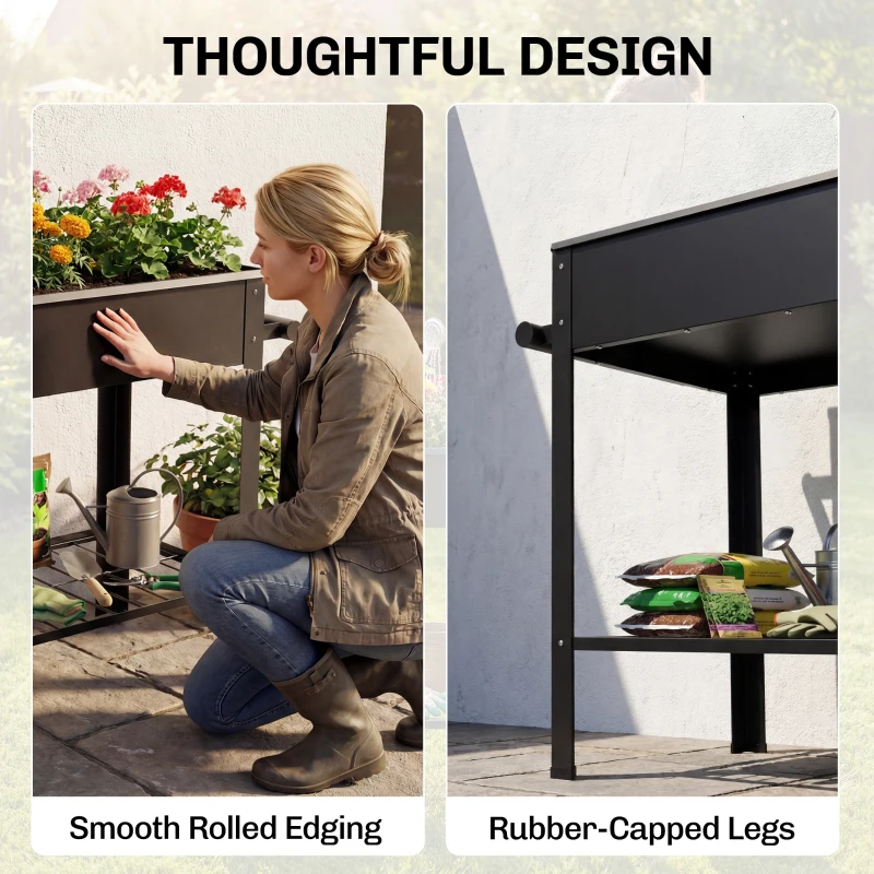 Outsunny Metal Raised Garden Bed, Elevated Planter Box with 2 Wheels, Handle and Shelf, 31.5" Tall Raised Planter